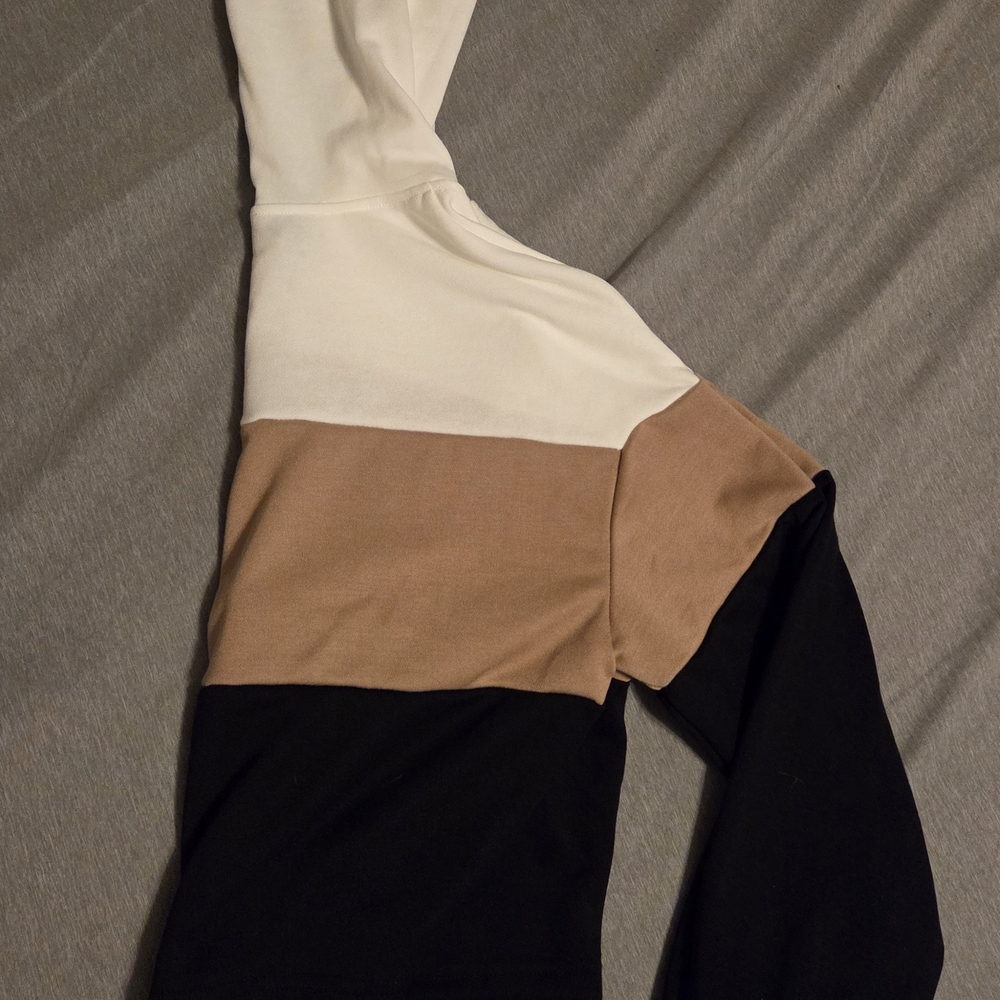 Colorblock Cropped Hoodie - Black, Brown, and White - Picture 2 of 3